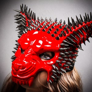 RED Angry Wolf with Silver Spikes Masquerade Mask Cosplay Halloween Costume Hunted House Props Animal Party Mask | Men Women Party face mask