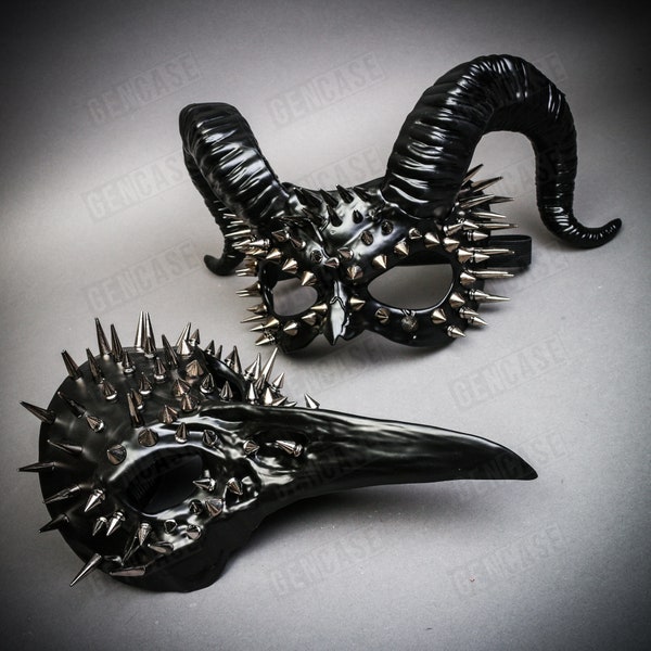 Black Raven and Devil Silver Spikes Ram Horns Halloween Masquerade Party Couple Mask | Men and Women Party Costume Match