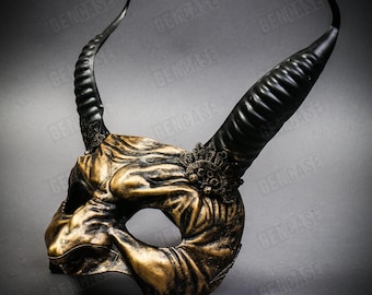 BLACK GOLD Demon Halloween Devil Mask with Horns | Scary Masquerade for Men Women | Goblin Evil Half Face Devil Horn Men's Masquerade Mask