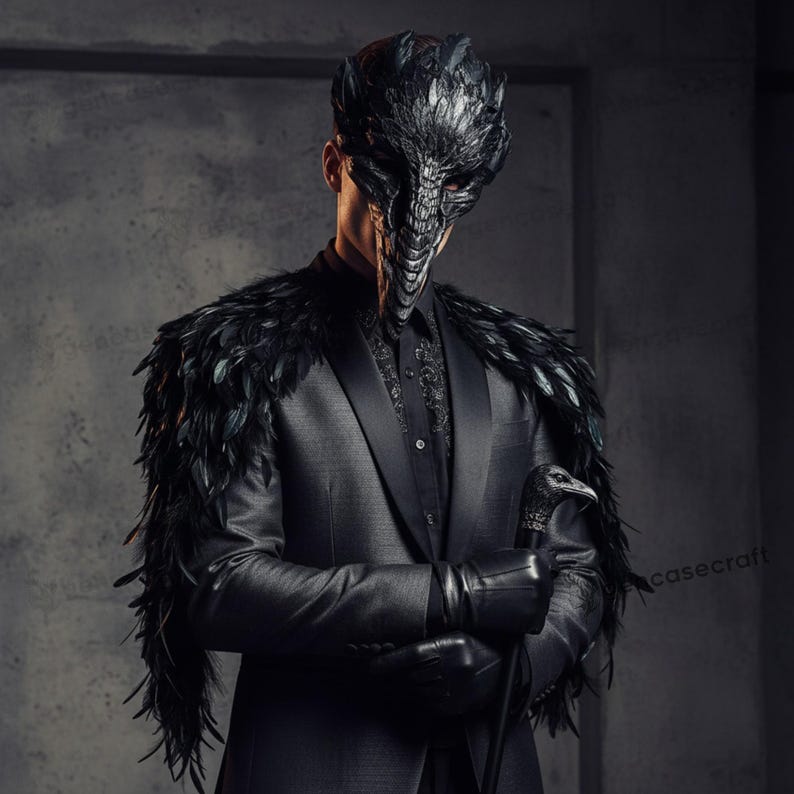 Schwarzer Vogel gebogener Schnabel Lange Nase Schädel Gesichtsmaske Top Feder Halloween Kostüm Party Maskerade Raven Crow Pest Doktor Maske | Party Maske Bild 2