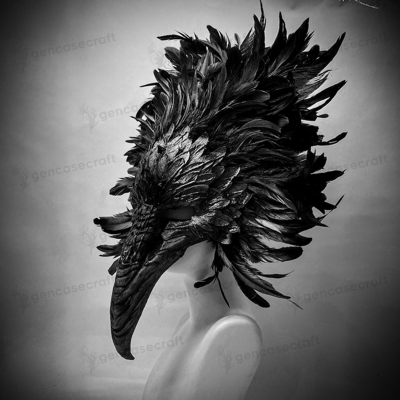 Schwarzer Vogel gebogener Schnabel Lange Nase Schädel Gesichtsmaske Top Feder Halloween Kostüm Party Maskerade Raven Crow Pest Doktor Maske | Party Maske Extra Large Feather