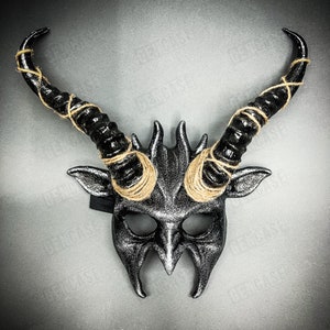 Black Silver Fire Demon with Impala Horns Masquerade Halloween Costume Mask Party Face Mask | Head Gear | Wall Decor | Devil Mask