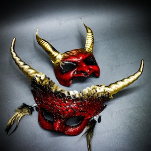 Halloween Couple Masquerade | Scary Gold Red Devil Masquerade Horn Face Mask for Men & Women, Creepy Adult Cosplay Goblin Demon Monster Mask