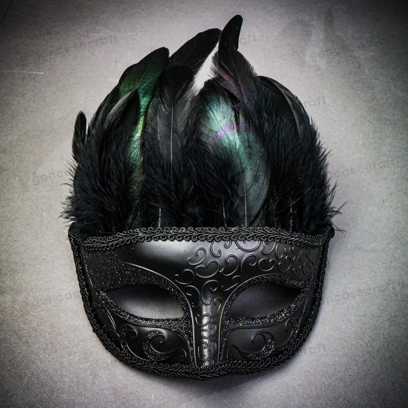 Black Feather Phantom Masquerade Mask for Men Women, Venetian Prom Ball ...