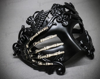 Men's Black Masquerade Halloween Party Mask - Skeletal Hand Venetian Greek Warrior Mask, Death Roman Emperor Gothic Half Face Prom Ball Mask