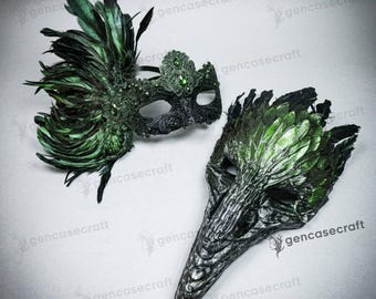 Black Green Couple Mask Costume Set | Halloween Masquerade Ball Prom, Women Venetian Feather Mask, Raven Crow Skull Bird Beak Long Nose Mask