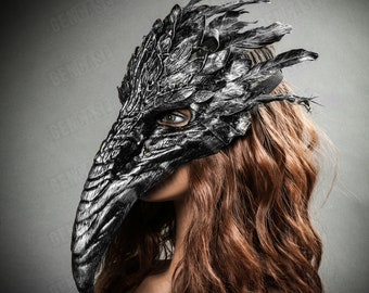 Silver Black  Bird Curved Beak Long Nose Skull Face Mask with Top Feather Halloween Costume Party Masquerade Raven Crow Plague Doctor Mask