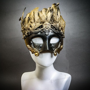Armor of God Roman Greek Warrior Mask with Feather, Venetian Emperor Masquerade Party Prom Ball Mask, Roman Mythological God Mask Black Gold