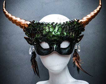 Green Copper Horn Halloween Masquerade Mask Women, Mermaid Dragon Snake Fish Squama Scales Mask Costume, Cosplay Demon Ram Horns Mask