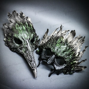 Feather Devil Masquerade Mask Couple Halloween | Green Silver Scary Mask Animal Nose Skull Bird Raven Crow Mask, Satan Monster Demon Mask