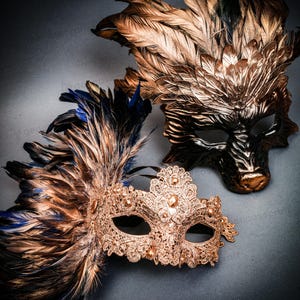 Party Couple Masquerade Mask | Wolf Animal Halloween Costume Mask and Venetian Blue Feather Carnival Couple Mask Set for Masquerade Balls