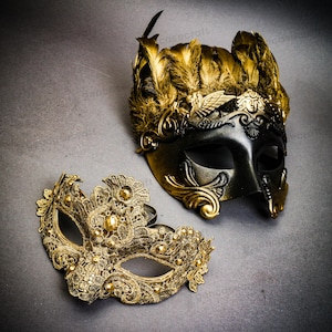 Gold Masquerade Mask for Couples, Men & Women Prom Ball Wedding Costume Couple Mask Set, Venetian Lace Eye Mask, Greek Warrior Feather Mask