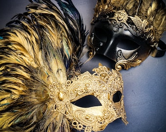 Couple Party Mask Set Prom Ball Masquerade for Men Women, Venetian Costume Mask with Feather, Roman Emperor Warrior Mask, Peacock Mask