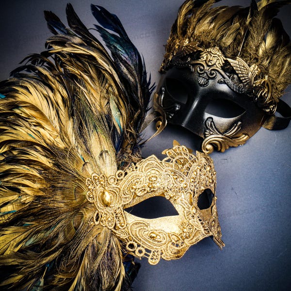 Máscara de fiesta para pareja, para baile de graduación, para hombres y mujeres, máscara de disfraz veneciana con plumas, máscara de guerrero emperador romano, máscara de pavo real.