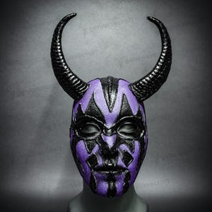 Purple Black Satan Gothic Halloween Devil Horn Mask Full Face Men Women Masquerade, Horror Demon Horned Scary Mask, LARP Villain Costume