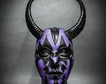 Purple Black Satan Gothic Halloween Devil Horn Mask Full Face Men Women Masquerade, Horror Demon Horned Scary Mask, LARP Villain Costume