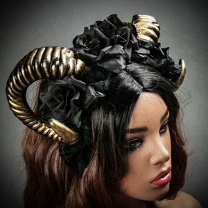 Black Gothic Demon Halloween Twisted Gold Ram Horn Headband with Lace and Black Rose | Halloween Women Party Costume Headband Hair Dress
