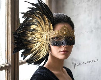 Gold & Black Feather Venetian Lace Masquerade Eye Mask - Prom Ball Carnival Women Mask Feather, Halloween Mardi Gras Costume, Wedding Mask