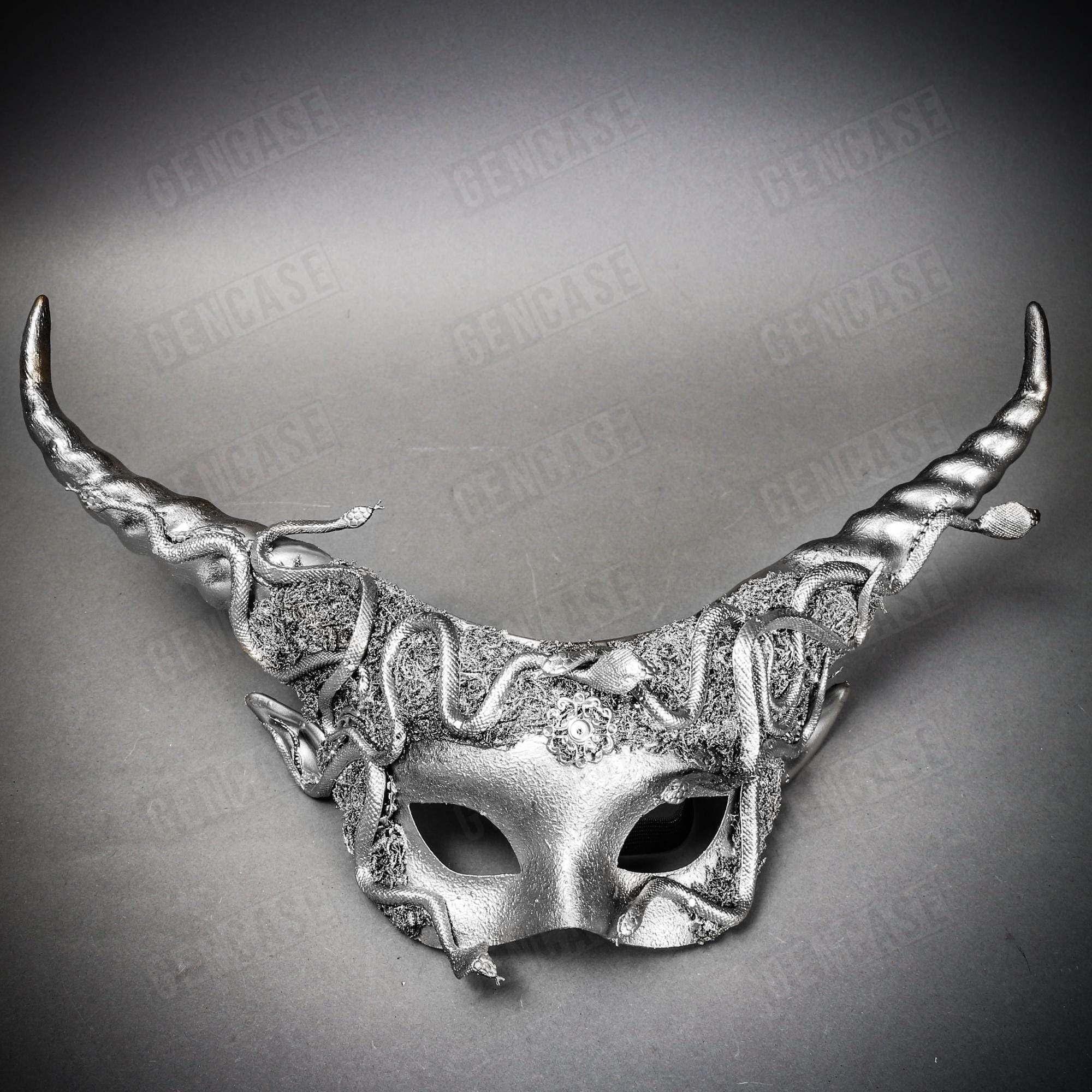Devil Long Horns Medusa Silver Elegant Women Halloween Masquerade Cosplay Party Face Mask, Halloween Eye Mask, Venetian Masquerade Ball Mask