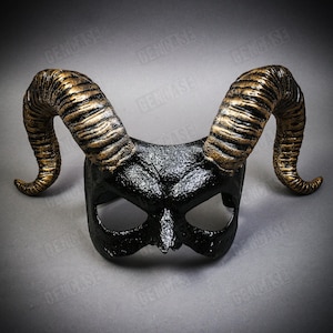 Gold Black Demon Devil Goblin Twisted Horns Halloween Horror Masquerade Party Eye Mask | Men & Women Costume Party Devil Mask Half Face