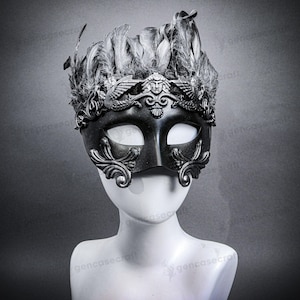 Black Silver Roman Greek Mythological God Warrior Masquerade Mask, Men&#39;s Party Feather Venetian Mask, Armor of God Costume Feather Mask