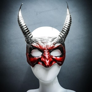 Bloody Red Silver Horns Halloween Horror Devil Masquerade Mask, Creepy Satan Demon Adult Scary Mask Costume, Devil Monster Cosplay Horn Mask