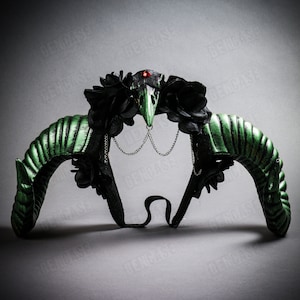 Raven Bird Skull Gothic Demon Animal Green Ram Horn Head Dress Piece with Black Rose | Halloween Costume Party Cosplay Women Headband