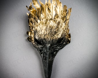 Schwarze Pest Doktor Raben Schädel Vogel Nase mit Gold Feder Halloween Kostüm Party Maskerade Maske | Steampunk Party Maske Herren & Damen