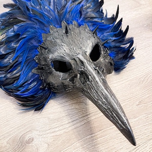 Peacock Feather Masquerade Long Nose Bird Raven Crow Skull Mask - Blue Large Feather Halloween Black Skull Mask Bird Beak Plague Doctor