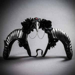 Raven Bird Skull Gothic Demon Animal Silver Ram Horn Head Dress Piece with Black Rose | Halloween Costume Party Cosplay Women Headband