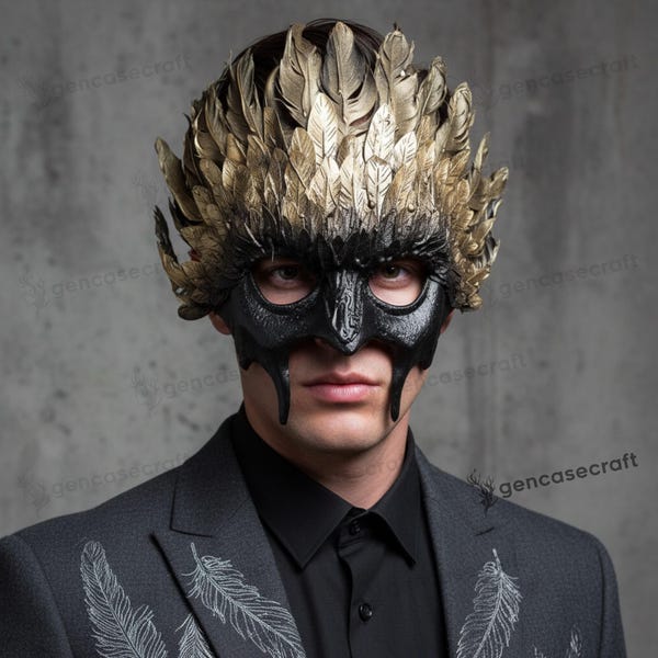 Luxury Gold Feather Devil Demon Mask for Halloween Masquerade Ball Party, Full Face Villain Devil Angry Demon Bird Feather Mask