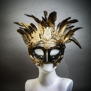 Black Gold Men&#39;s Warrior Mask with Top Feather - Spartan Caesar Gladiator Roman Greek Emperor Masquerade Venetian Costume Mask with Feather