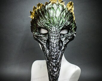 Green Gold Feather Curved Long Nose Bird Beak Raven Crow Skull Halloween Mask, Animal Plague Doctor Cosplay Halloween Masquerade Party Mask