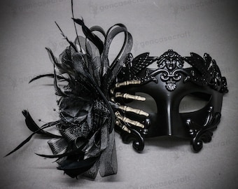 Black Feather Skeleton Hand Halloween Masquerade Mask | Venetian Roman Greek Warrior Half Face Mask, Men Women Party Prom Ball Costume Mask