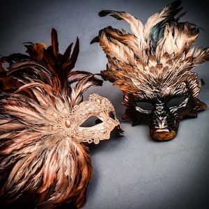 Couple Masquerade Party Masks - Venetian Rose Gold Mardi Gras Masquerade Red Feather Women Mask and Animal Wolf Mask for Halloween Cosplay