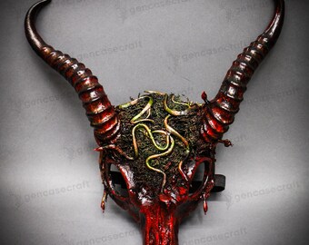 Blood Red Horned Skull Mask with Moss & Snakes - Halloween Masquerade Dark Fantasy Pagan Ritual Antler Antelope Long Horn LARP Costume