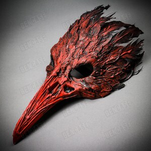 Red Black Feather Bird Mask Long Nose Skull, Steampunk Masquerade Raven ...