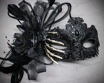 Black Feather Masquerade Halloween Mask with Skeletal Hand, Gothic Death Venetian Women's Lace Eye Mask, Party Prom Ball Skeleton Costume