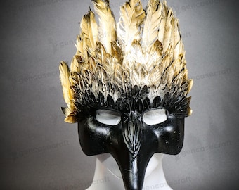 Black & Gold Long Nose Beak Bird Halloween Masquerade for Men and Women, Venetian Raven Mask Costume Top Feather Masquerade, Nose Mask