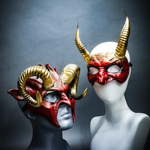 Halloween Couple Costume Masquerade Mask | Red Gold Horns Devil Mask Women Men, Scary Cosplay Mask, Krampus Ram Animal Beast Monster Mask