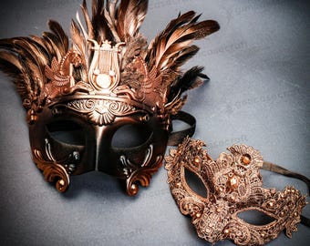 Pairing Couples Masquerade Mask - Venetian Masquerade Ball Mask For Women And Men, Bride And Groom Mask, Mardi Gras Costume Feather Mask