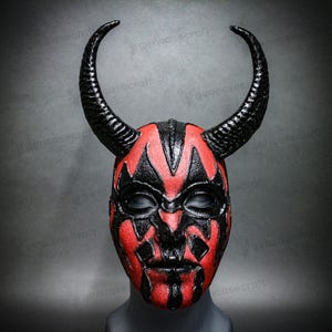 Red Black Satan Gothic Halloween Devil Horns Mask Full Face Masquerade for Men Women, Horror Demon Horned Scary Mask, LARP Villain Costume
