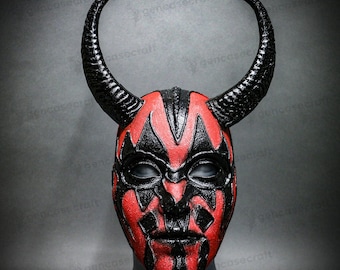 Red Black Satan Gothic Halloween Devil Horns Mask Full Face Masquerade for Men Women, Horror Demon Horned Scary Mask, LARP Villain Costume