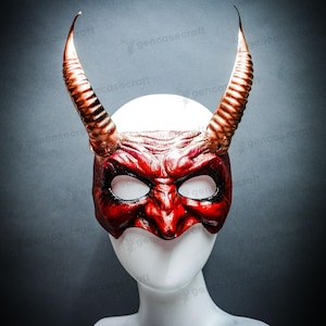 Bloody Red Halloween Devil Masquerade Mask with Horns Copper | Men Women Adult Scary Mask Costume, Satan Demon Horns Mask, Half Face Monster