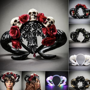 Black Gothic Demon Halloween Skulls Horn Headband with Lace Cape and Red Rhinestones | Halloween Party Costume