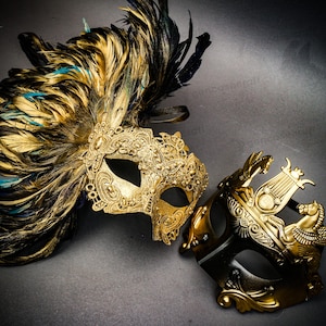 Couple Venetian Mask Prom Masquerade Ball Party Mask Costume, Gold Feather Carnival Mardi Gras Mask Women, Masquerade for Men, Wedding Mask