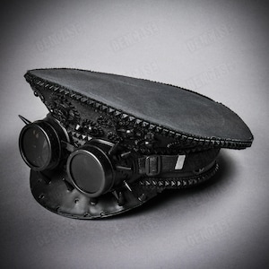 Black Steampunk Spikes Dark Lens Goggles Military Captains Hat Festival Halloween Party Cap Hat For Men and Women
