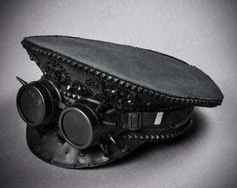 Black Steampunk Spikes Dark Lens Goggles Military Captains Hat Festival Halloween Party Cap Hat For Men and Women