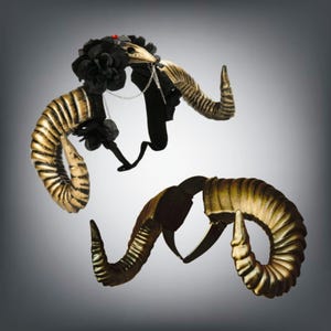 Puede incluir: Dos tocados decorativos con grandes cuernos curvos en acabado dorado metálico. Uno tiene un adorno floral negro y una calavera de pájaro. El otro tiene una base negra. Los cuernos son una característica llamativa.