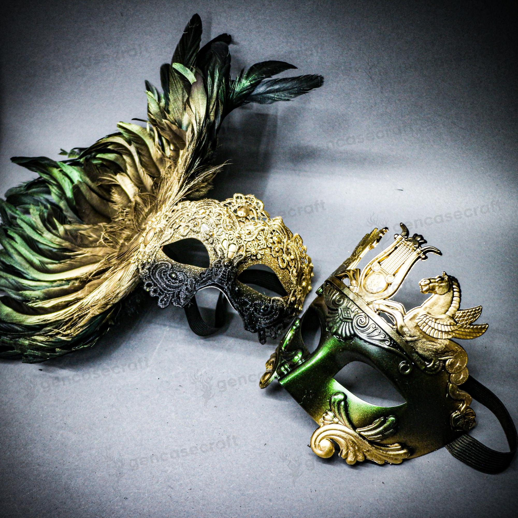 Luxury Gold Venetian Mask for Couple | Green Gold Women Feather ...